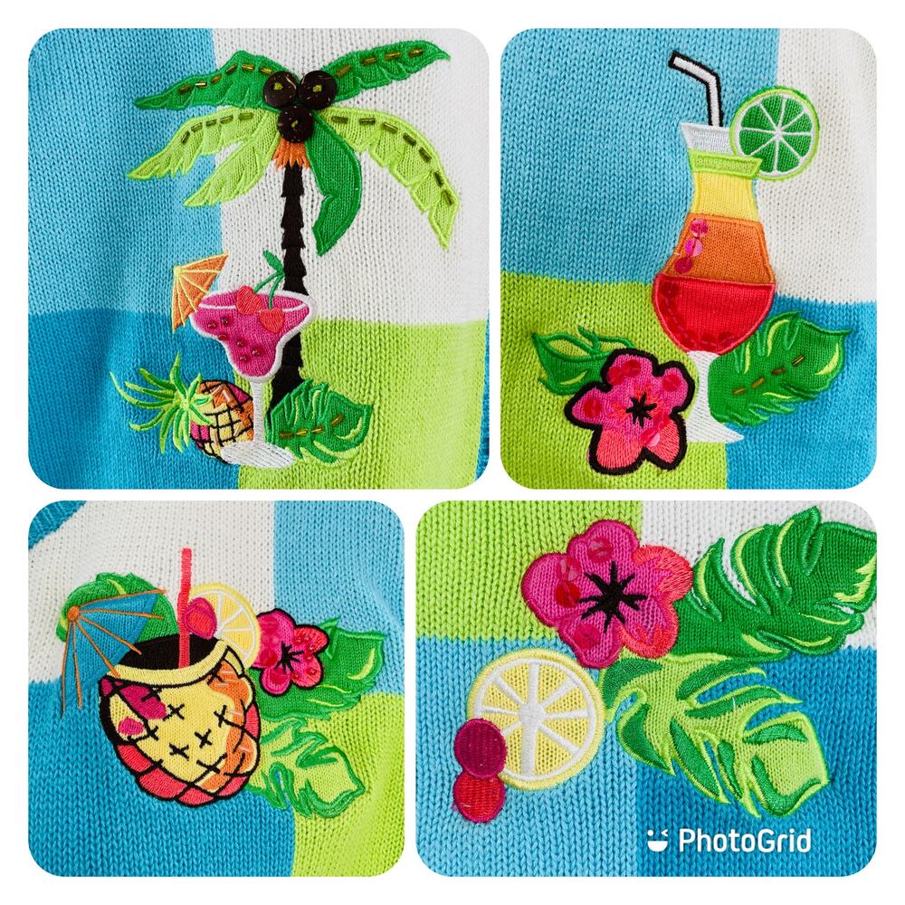 BRECKENRIDGE Blue Green White Tropical Drink Top & Cardigan Sweater Set S/M - Picture 3 of 12